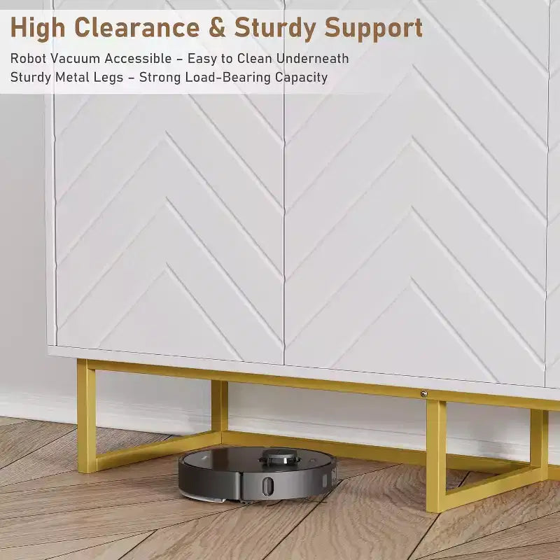 Black/White Herringbone Sideboard Cabinet, 1-Door Storage Console, Ash Wood, Gold Handles