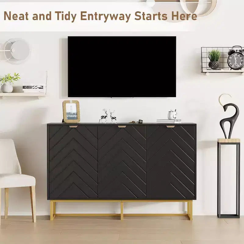 Black/White Herringbone Sideboard Cabinet, 1-Door Storage Console, Ash Wood, Gold Handles