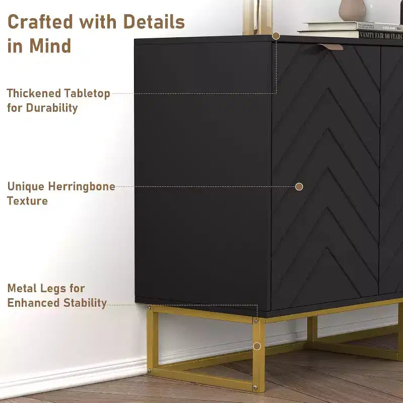 Black/White Herringbone Sideboard Cabinet, 1-Door Storage Console, Ash Wood, Gold Handles