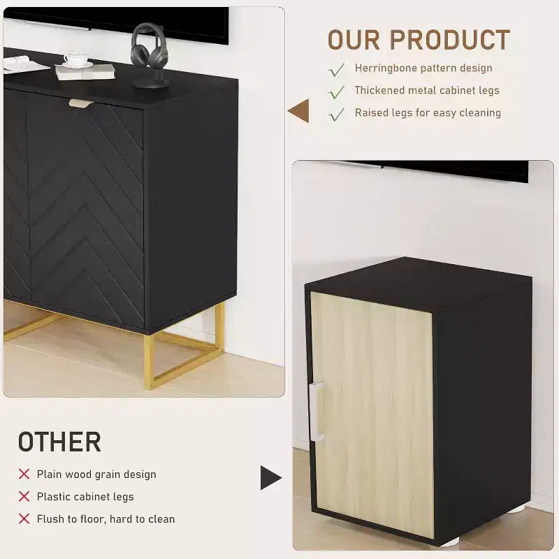 Black/White Herringbone Sideboard Cabinet, 1-Door Storage Console, Ash Wood, Gold Handles
