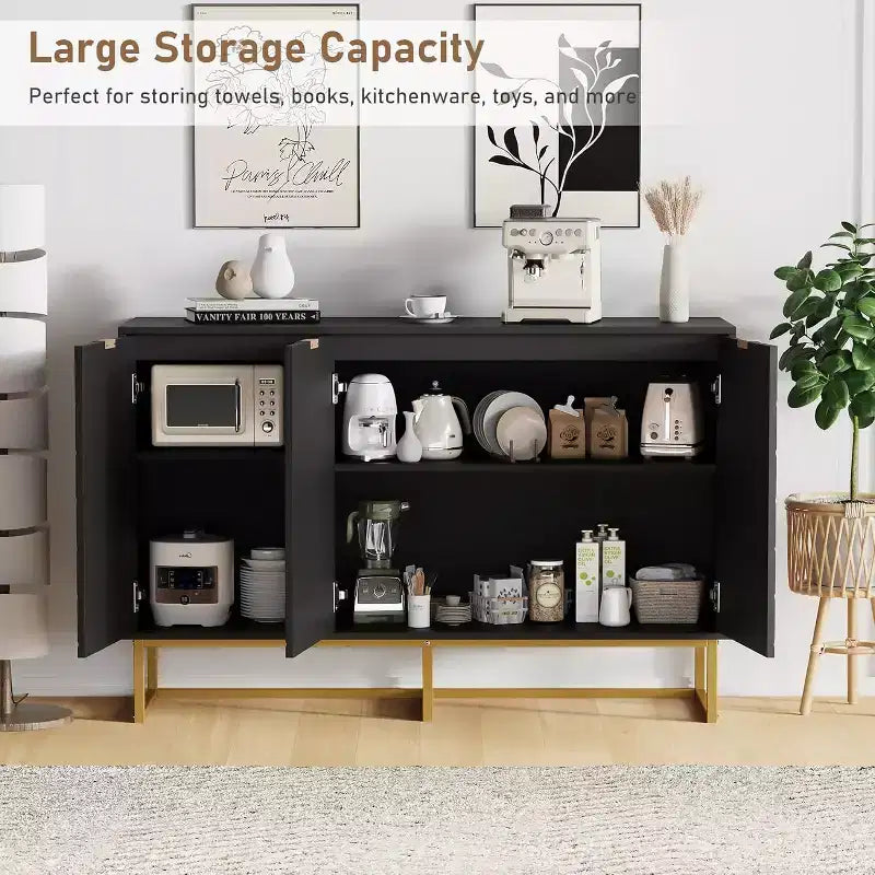 Black/White Herringbone Sideboard Cabinet, 1-Door Storage Console, Ash Wood, Gold Handles