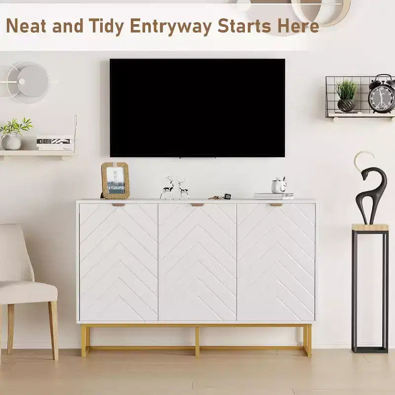 Black/White Herringbone Sideboard Cabinet, 1-Door Storage Console, Ash Wood, Gold Handles