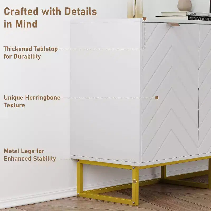 Black/White Herringbone Sideboard Cabinet, 1-Door Storage Console, Ash Wood, Gold Handles