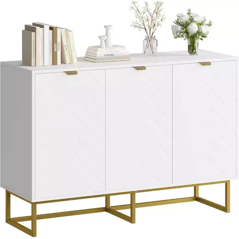 Black/White Herringbone Sideboard Cabinet, 1-Door Storage Console, Ash Wood, Gold Handles
