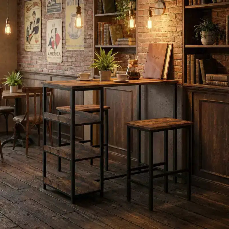 Black/Grey/Vintage 3-Piece Industrial Dining Set, Seats 2 – Metal Frame & Wood Top