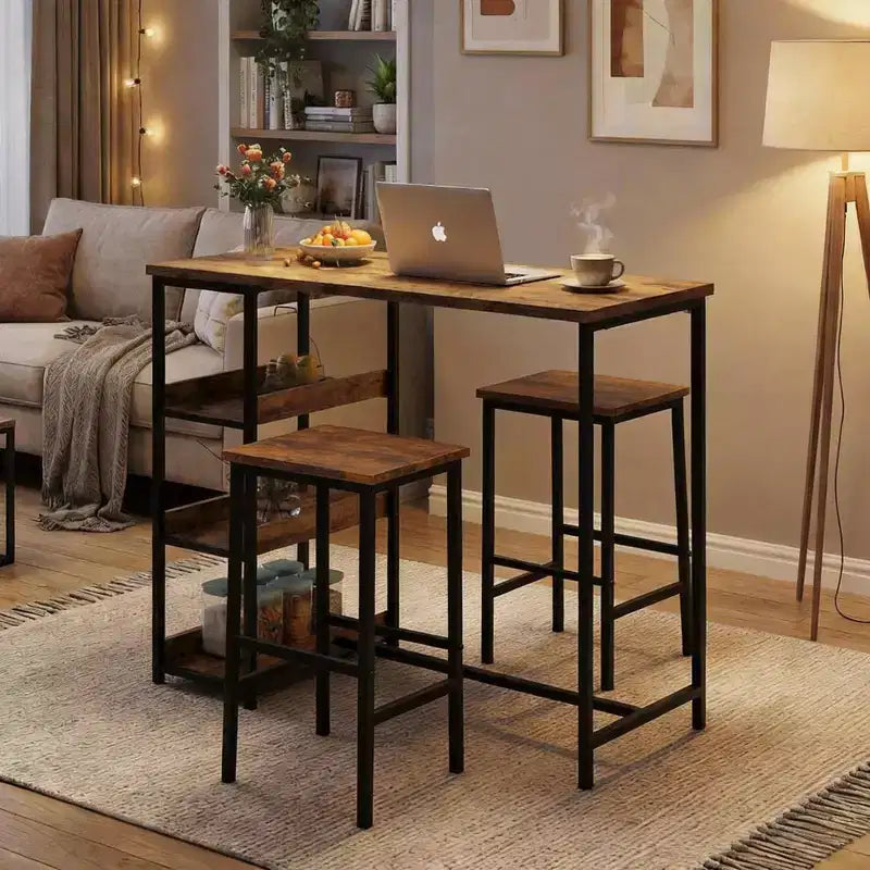 Black/Grey/Vintage 3-Piece Industrial Dining Set, Seats 2 – Metal Frame & Wood Top
