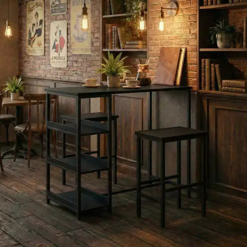Black/Grey/Vintage 3-Piece Industrial Dining Set, Seats 2 – Metal Frame & Wood Top
