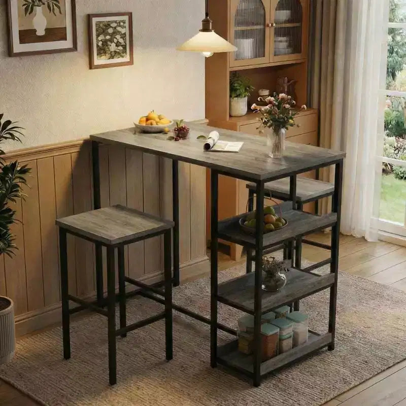 Black/Grey/Vintage 3-Piece Industrial Dining Set, Seats 2 – Metal Frame & Wood Top