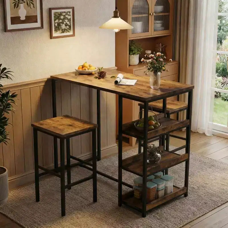Black/Grey/Vintage 3-Piece Industrial Dining Set, Seats 2 – Metal Frame & Wood Top