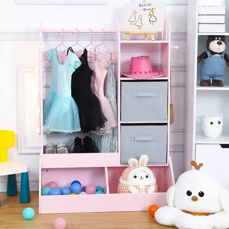 Pink / White Kids Dress-Up Wardrobe with Lighted Mirror – Single-Child Storage Closet