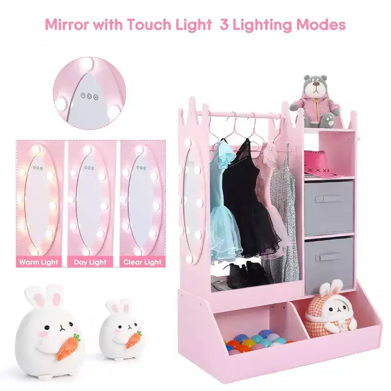 Pink / White Kids Dress-Up Wardrobe with Lighted Mirror – Single-Child Storage Closet
