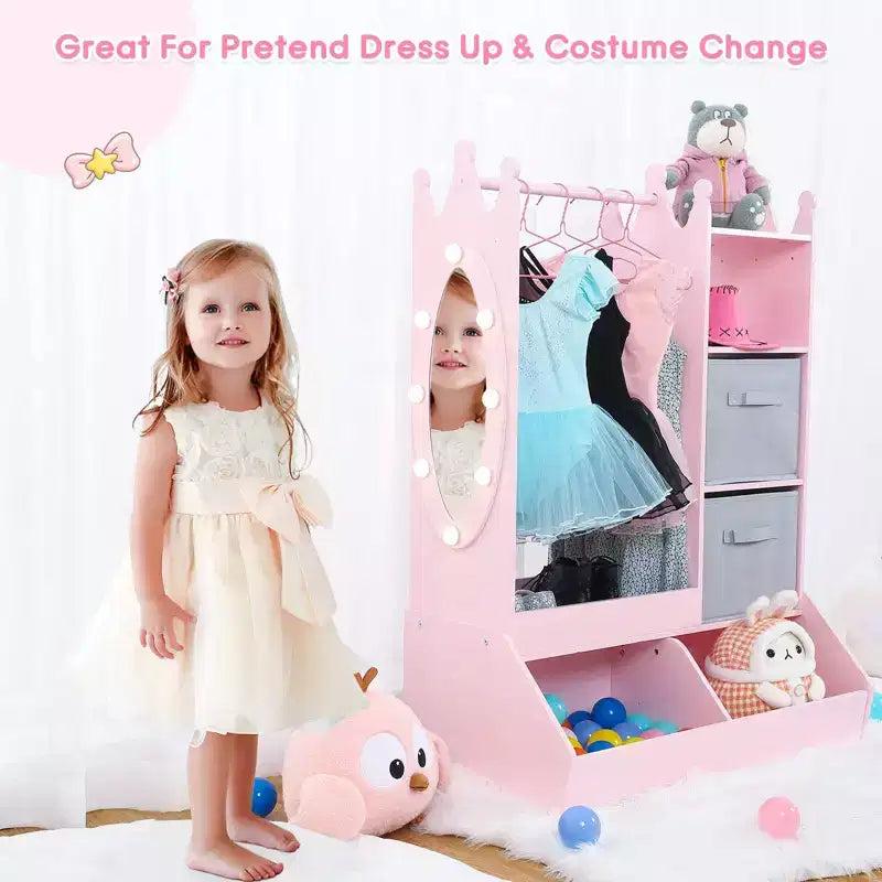Pink / White Kids Dress-Up Wardrobe with Lighted Mirror – Single-Child Storage Closet