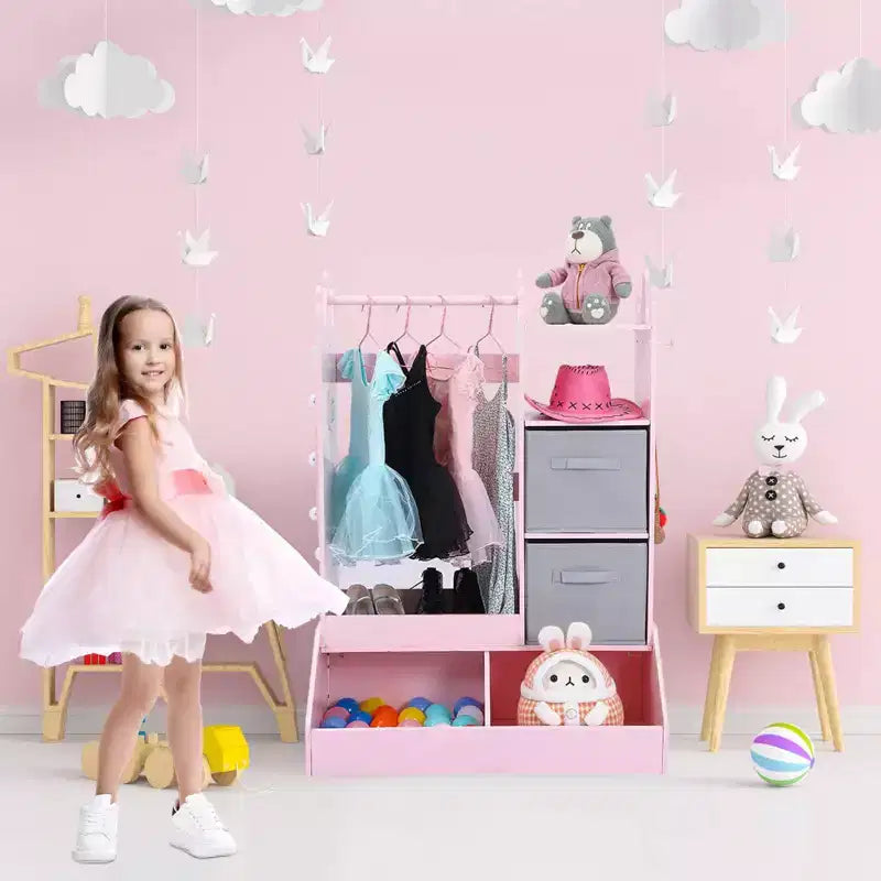 Pink / White Kids Dress-Up Wardrobe with Lighted Mirror – Single-Child Storage Closet