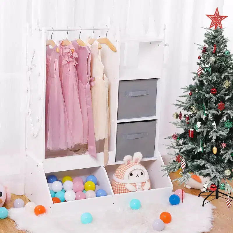 Pink / White Kids Dress-Up Wardrobe with Lighted Mirror – Single-Child Storage Closet