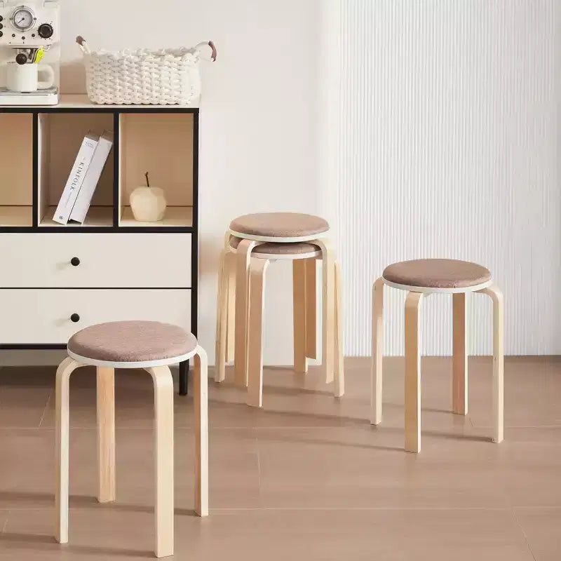 Natural Wood Round Backless Stackable Dining Stool, Set of 4