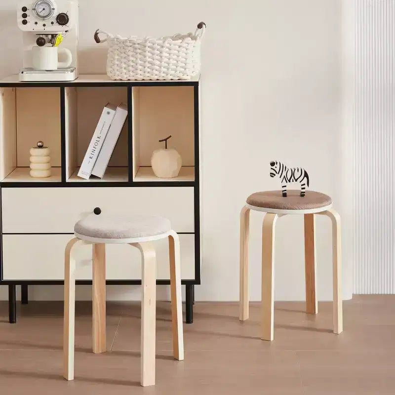 Natural Wood Round Backless Stackable Dining Stool, Set of 4
