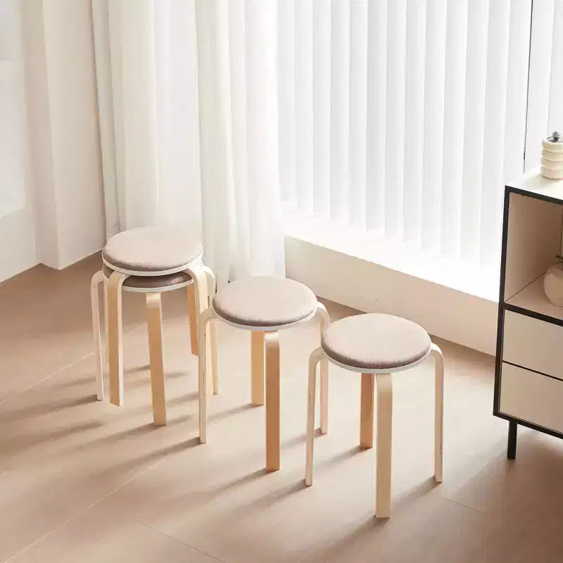 Natural Wood Round Backless Stackable Dining Stool, Set of 4