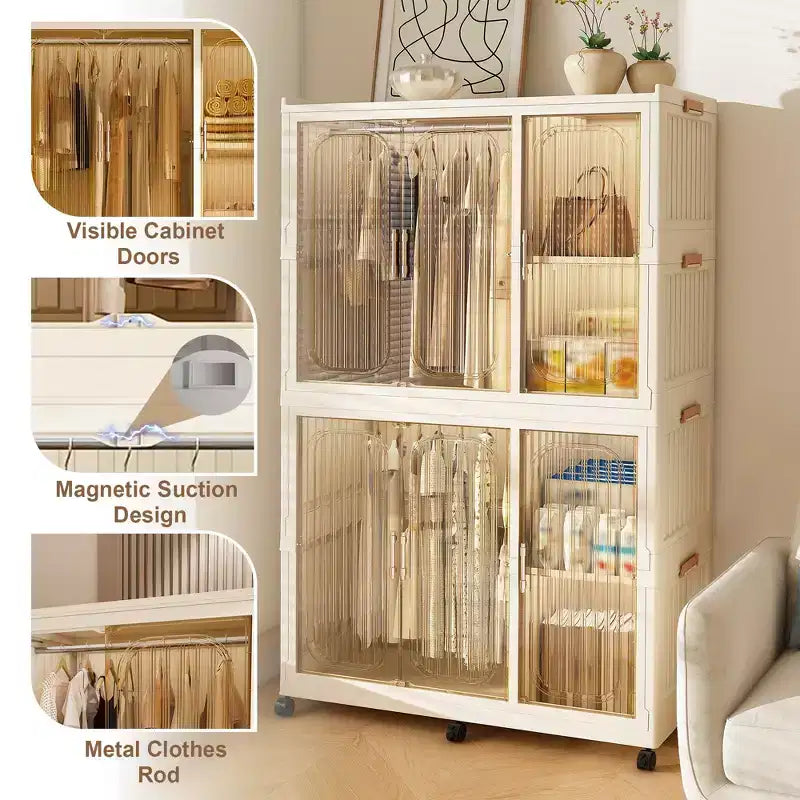 White 6-Cube Rolling Wardrobe Closet with Hanging Rods & Magnetic Doors, for 1 Child