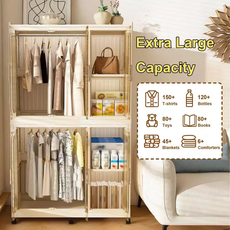 White 6-Cube Rolling Wardrobe Closet with Hanging Rods & Magnetic Doors, for 1 Child