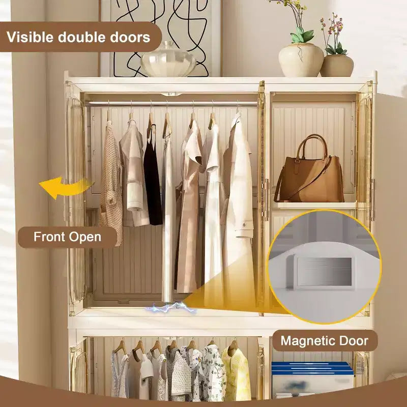White 6-Cube Rolling Wardrobe Closet with Hanging Rods & Magnetic Doors, for 1 Child