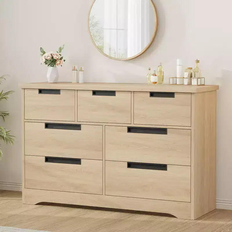 7 Drawer Wooden Dresser, Natural Double Dresser with Embedded Handles, Multifunctional Storage Chest of Drawers for Bedroom Living Room Nursery