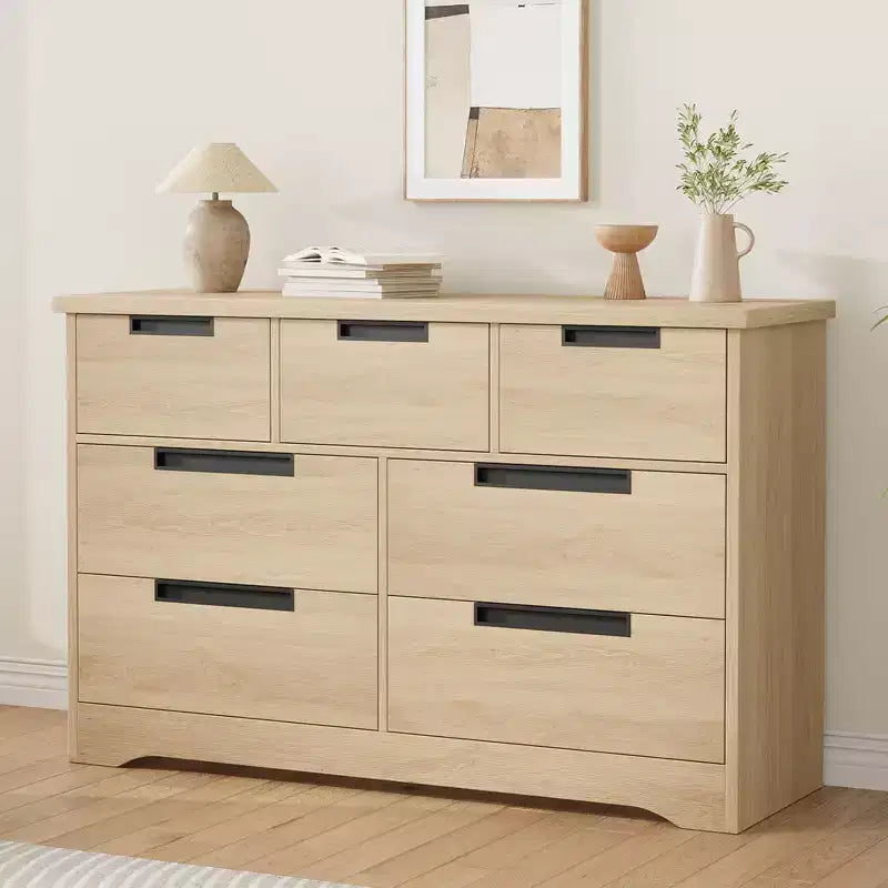 Natural Wood 7-Drawer Dresser with Embedded Handles, for 1