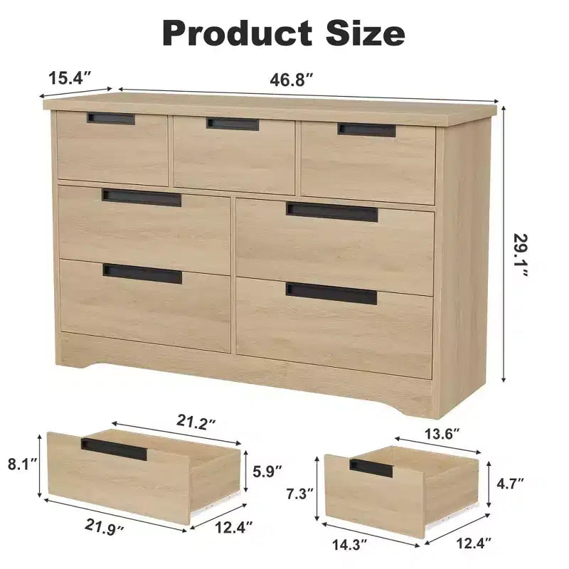 Natural Wood 7-Drawer Dresser with Embedded Handles, for 1