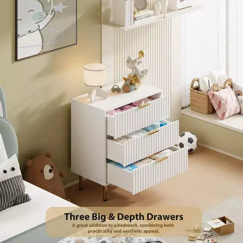 Brown / White Fluted 3-Drawer Dresser, for 1 Person