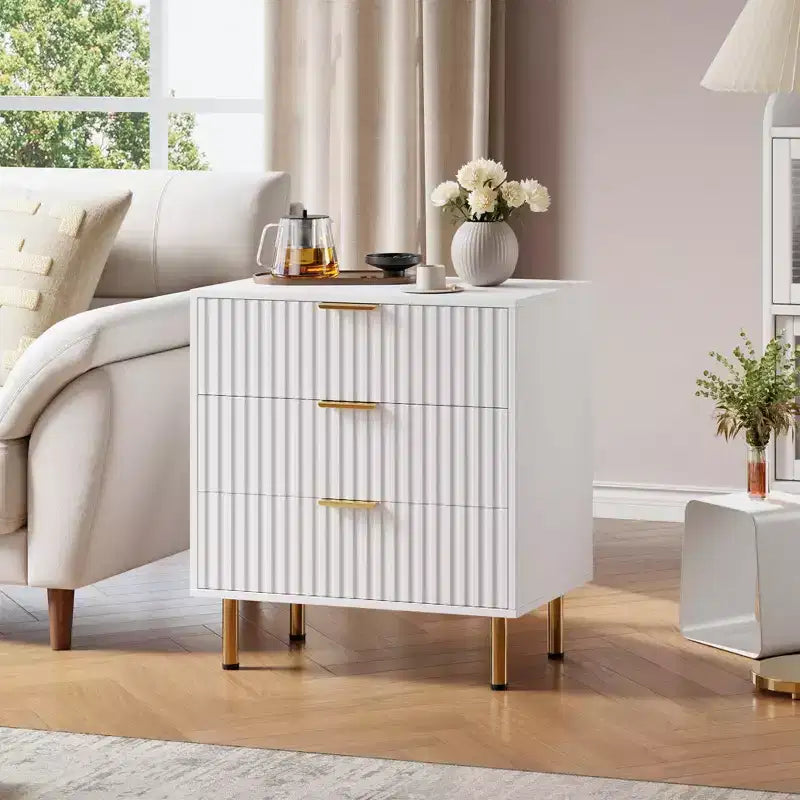 Brown / White Fluted 3-Drawer Dresser, for 1 Person
