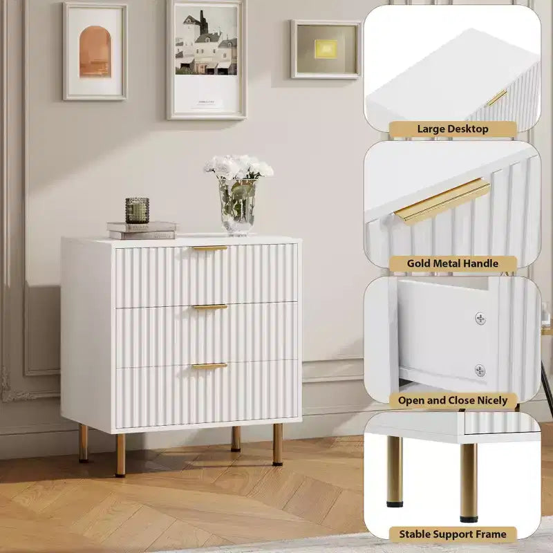 Brown / White Fluted 3-Drawer Dresser, for 1 Person