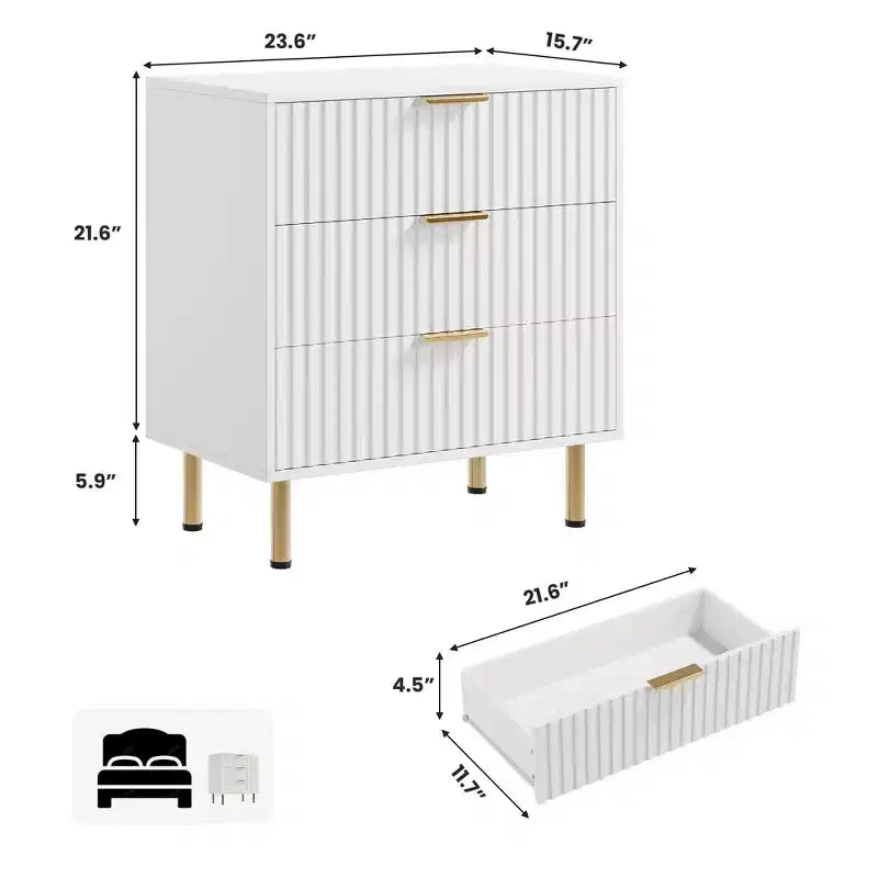 Brown / White Fluted 3-Drawer Dresser, for 1 Person