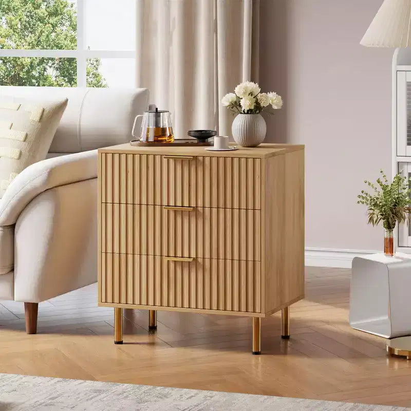 Brown / White Fluted 3-Drawer Dresser, for 1 Person