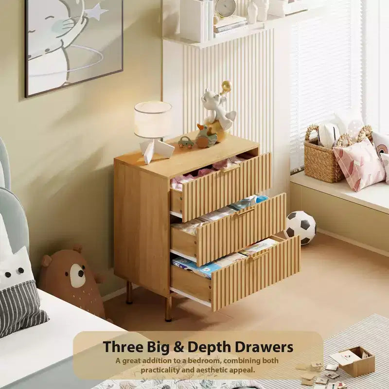 Brown / White Fluted 3-Drawer Dresser, for 1 Person