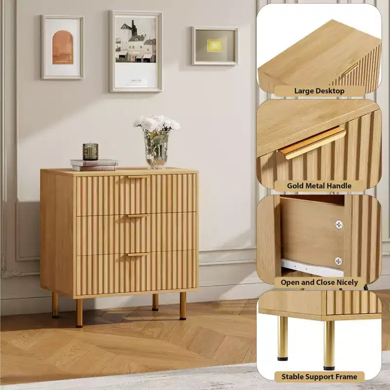 Brown / White Fluted 3-Drawer Dresser, for 1 Person