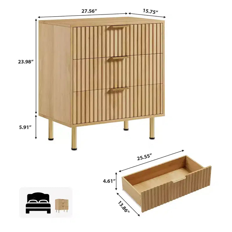 Brown / White Fluted 3-Drawer Dresser, for 1 Person
