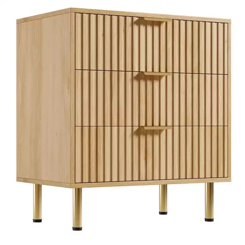 Dresser for Bedroom, 3-Drawer Natural Fluted Wooden Dresser, Modern Nightstand with Wide Top for Living Room Kids Room
