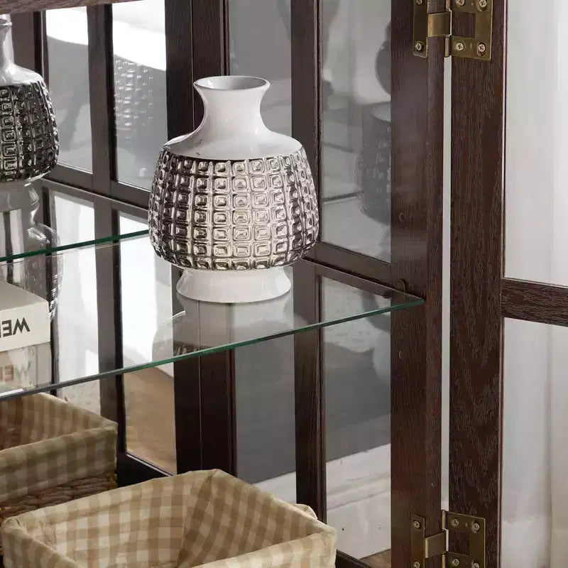 Brown Wood Retro Display Cabinet with Glass Doors & LED Lighting, 1-Person Assembly