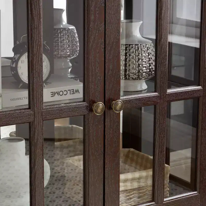 Brown Wood Retro Display Cabinet with Glass Doors & LED Lighting, 1-Person Assembly