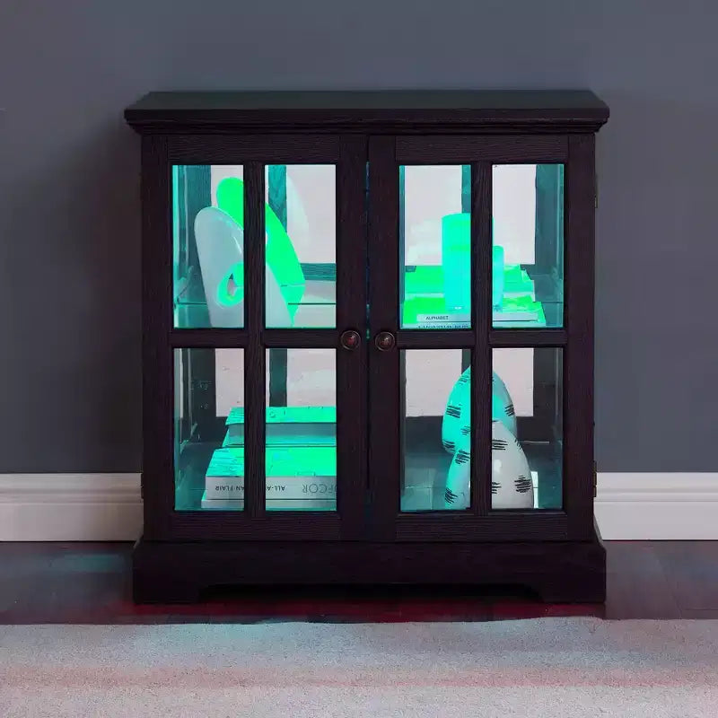 Brown Wood Retro Display Cabinet with Glass Doors & LED Lighting, 1-Person Assembly