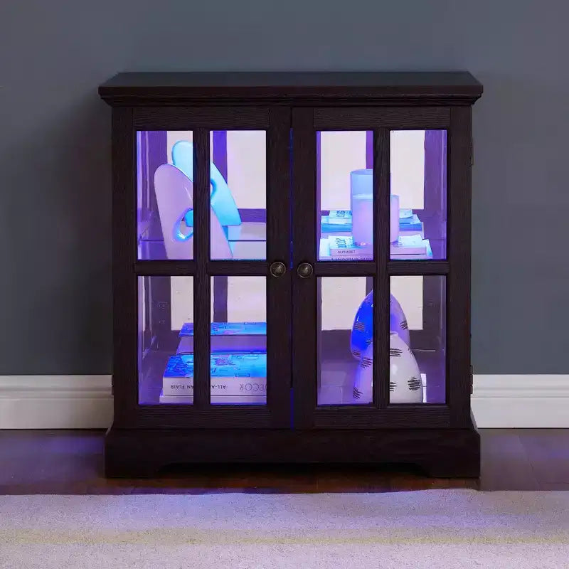 Brown Wood Retro Display Cabinet with Glass Doors & LED Lighting, 1-Person Assembly