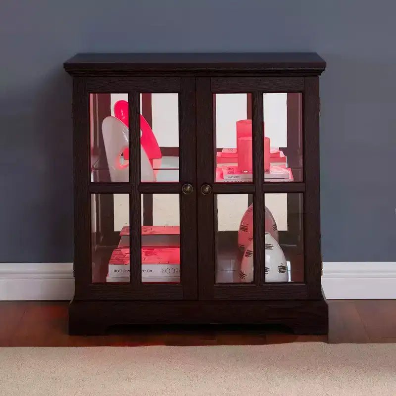 Brown Wood Retro Display Cabinet with Glass Doors & LED Lighting, 1-Person Assembly