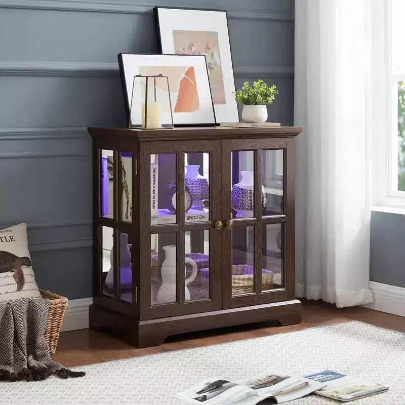Brown Wood Retro Display Cabinet with Glass Doors & LED Lighting, 1-Person Assembly