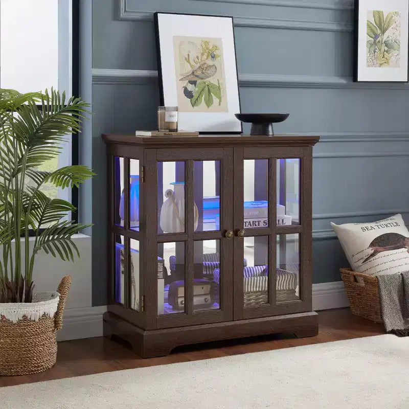 Brown Wood Retro Display Cabinet with Glass Doors & LED Lighting, 1-Person Assembly