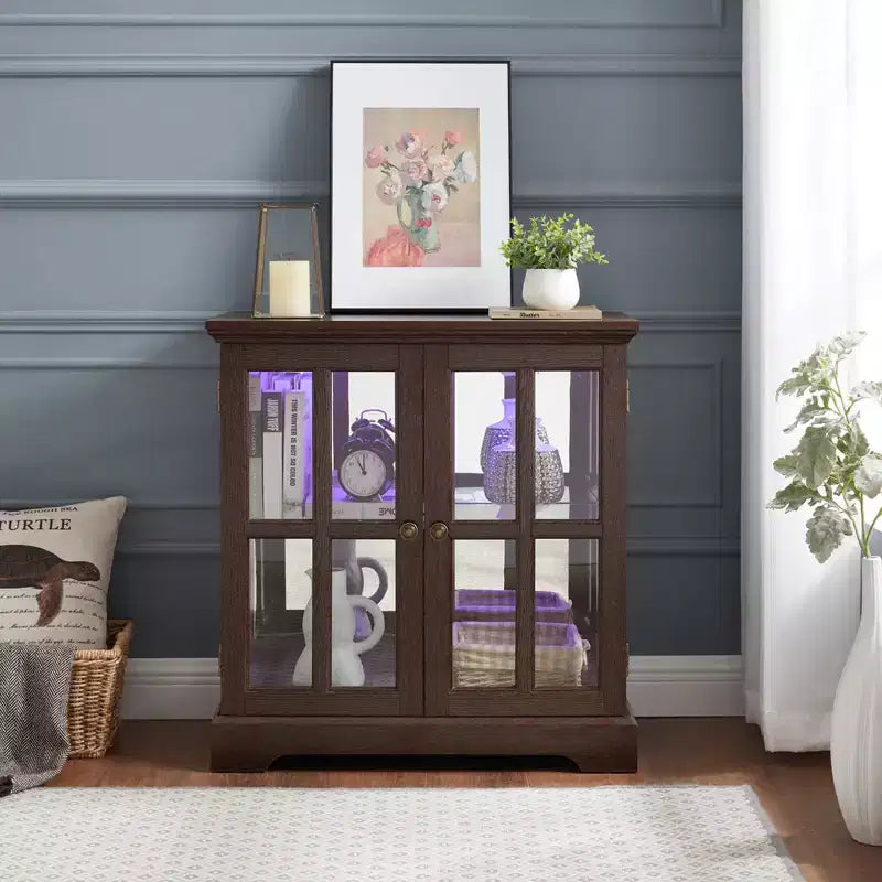 Brown Wood Retro Display Cabinet with Glass Doors & LED Lighting, 1-Person Assembly
