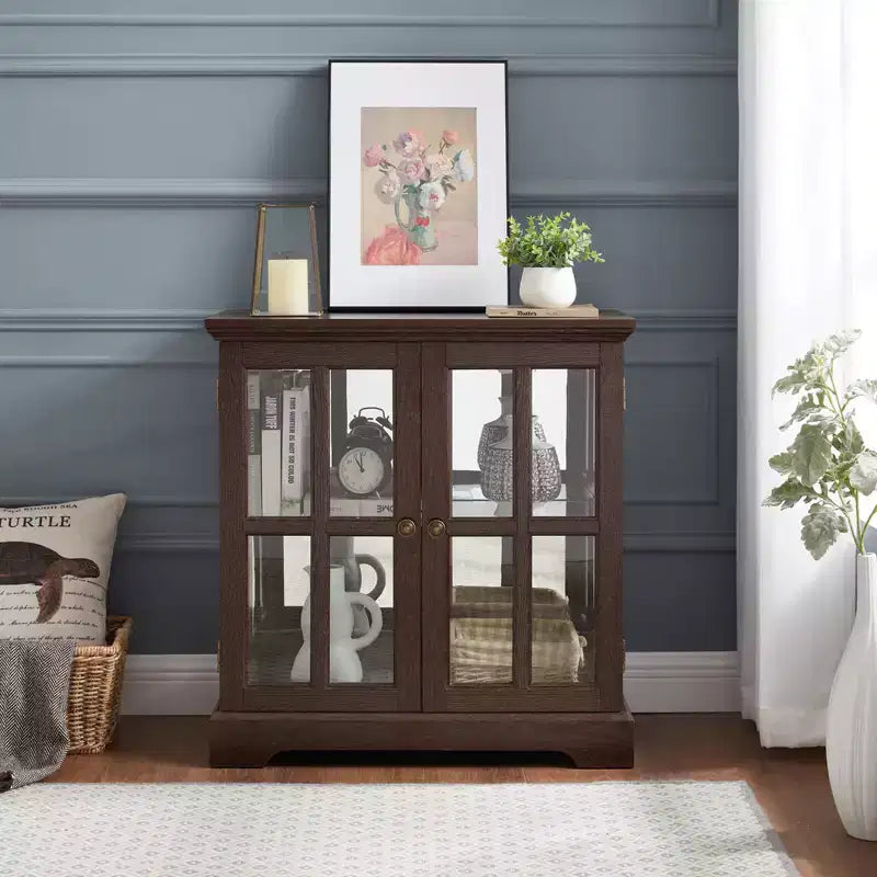 Brown Wood Retro Display Cabinet with Glass Doors & LED Lighting, 1-Person Assembly