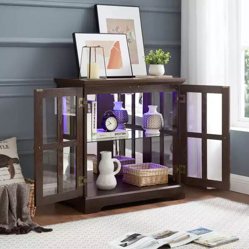 Brown Wood Retro Display Cabinet with Glass Doors & LED Lighting, 1-Person Assembly
