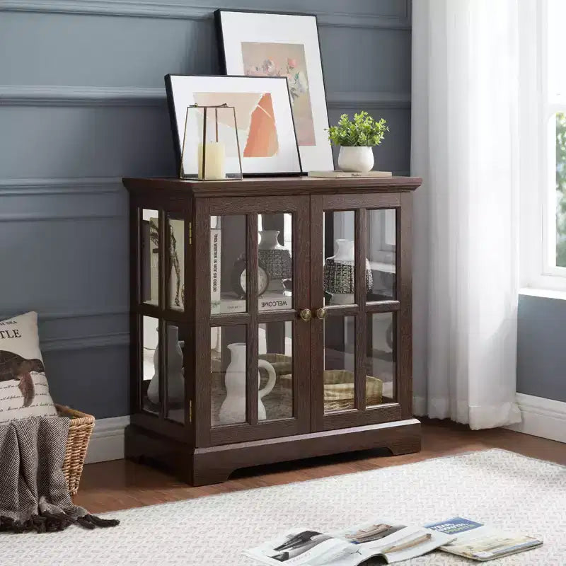 Brown Wood Retro Display Cabinet with Glass Doors & LED Lighting, 1-Person Assembly