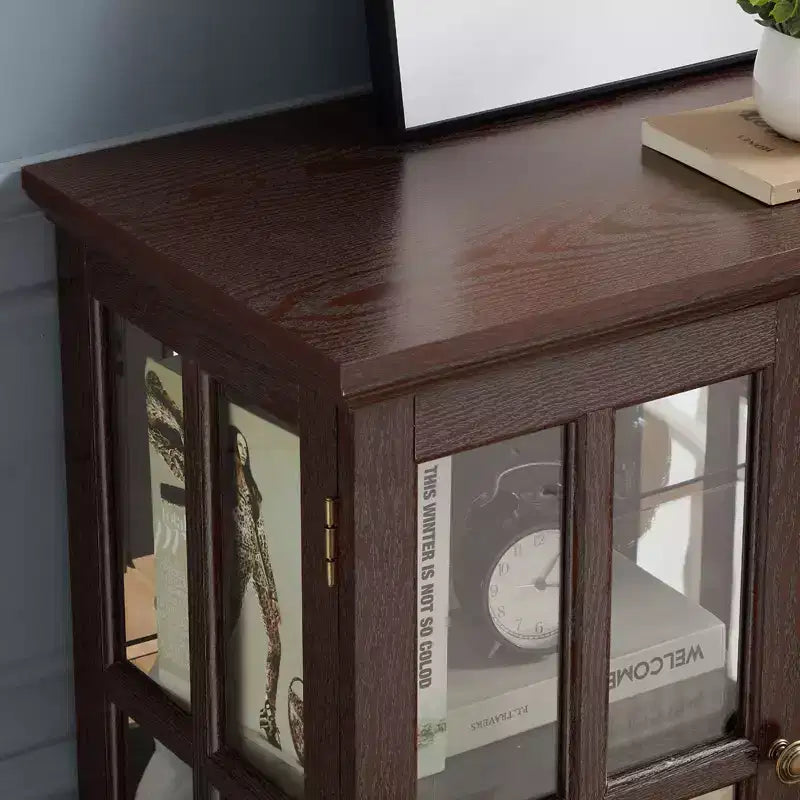 Brown Wood Retro Display Cabinet with Glass Doors & LED Lighting, 1-Person Assembly
