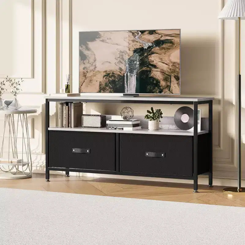 Grey Wood Grain TV Stand with 2 Drawers & Open Shelves, Fits TVs up to 50"