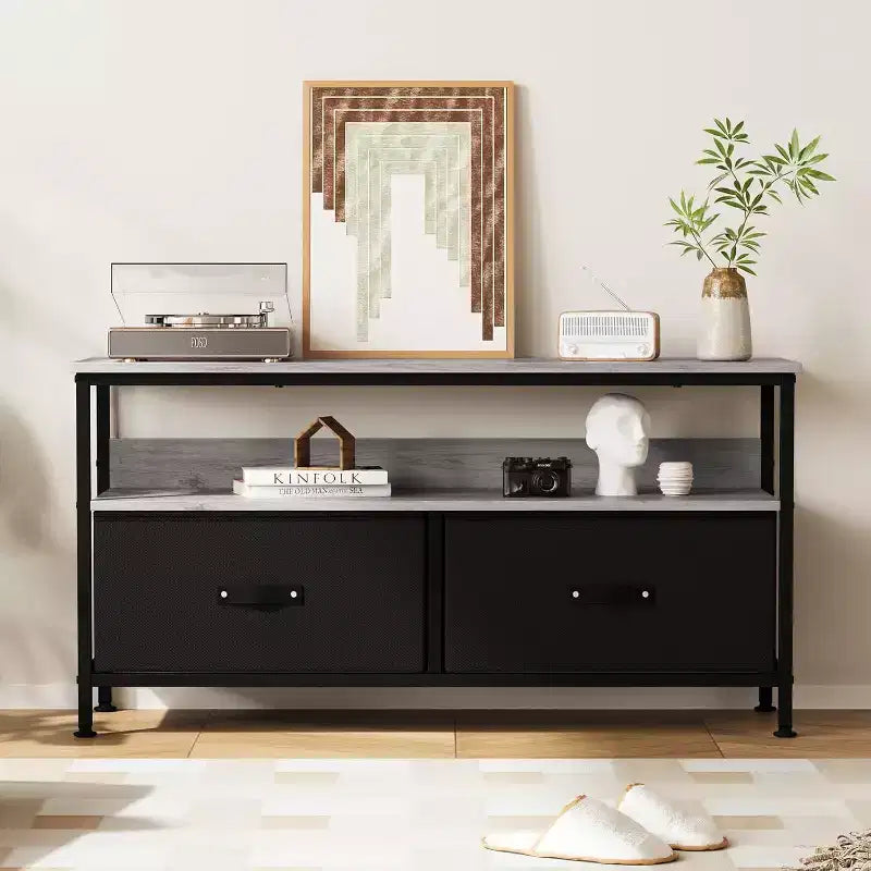 Grey Wood Grain TV Stand with 2 Drawers & Open Shelves, Fits TVs up to 50"